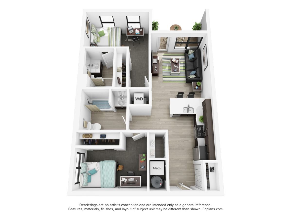 213 - 2 BR Floor Plan 3D