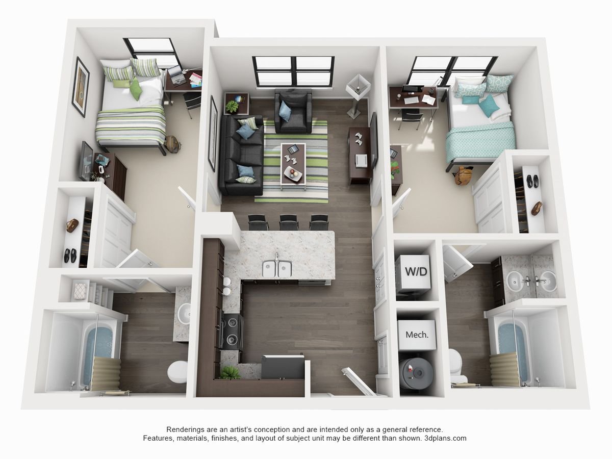 501 2 BR 3D Floor Plan