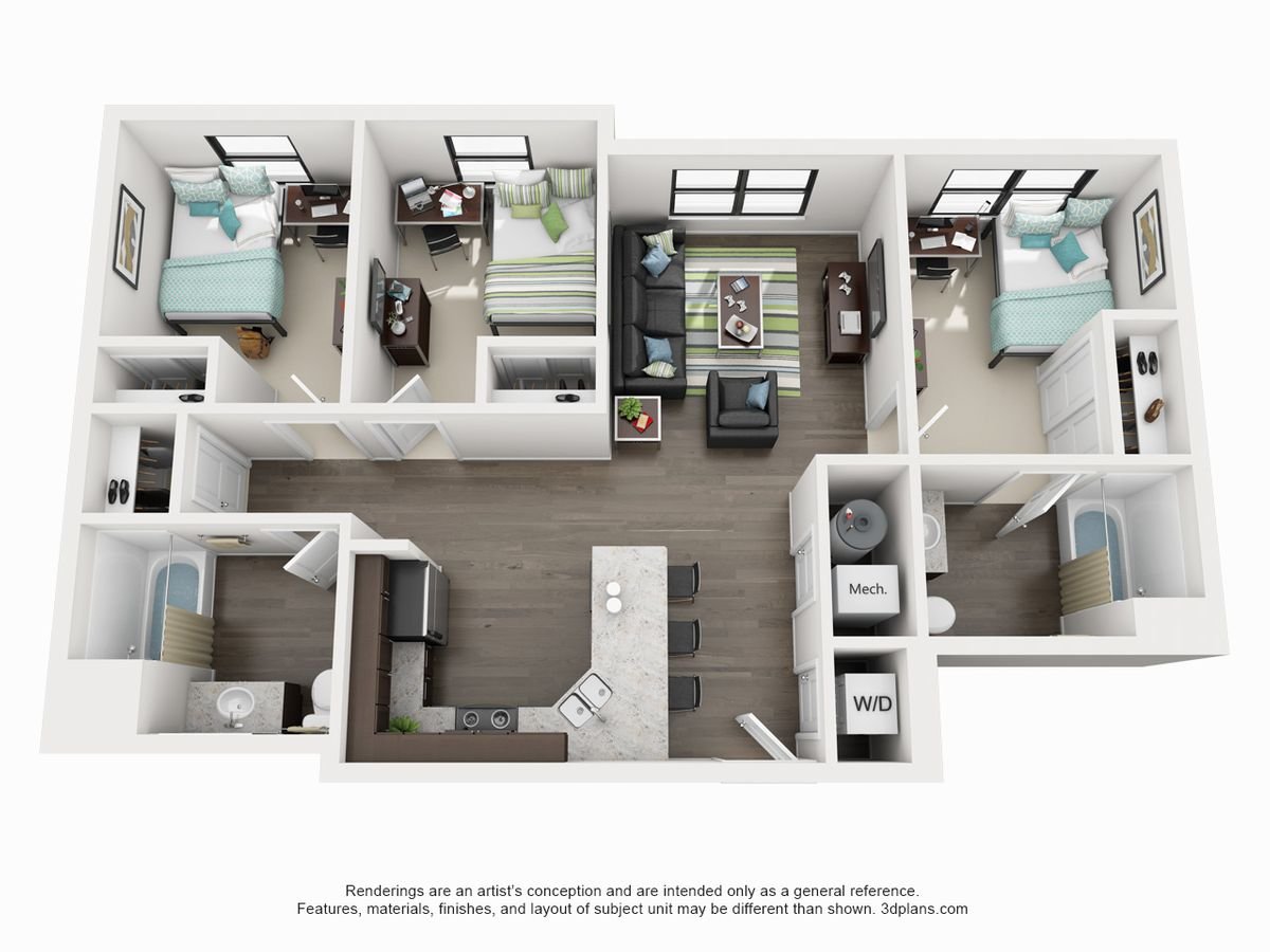 501 3 BR 3D Floor Plan